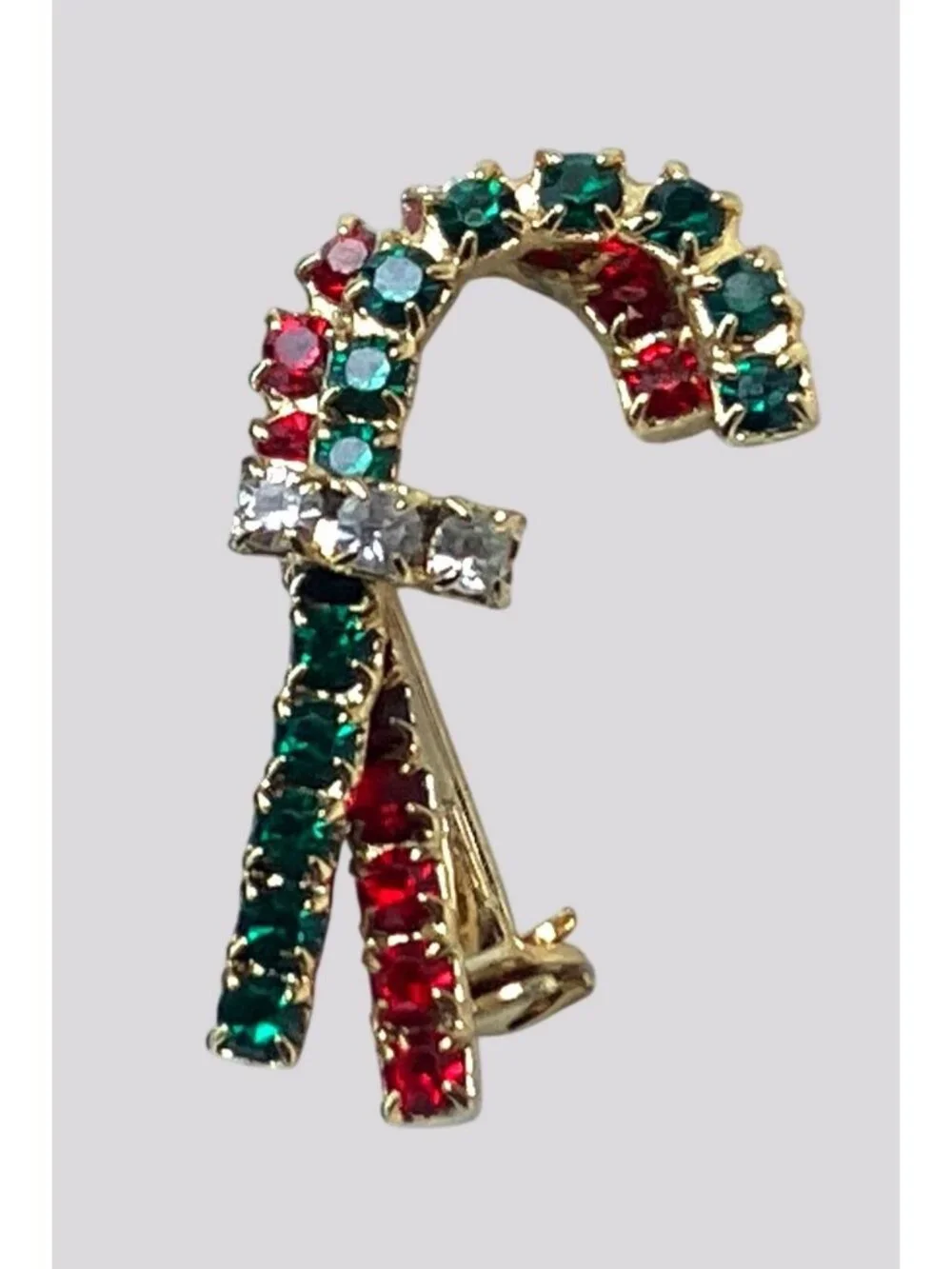 Vintage Gold Tone Rhinestone Candy Cane Brooch Pin Red Green and Clear Stones